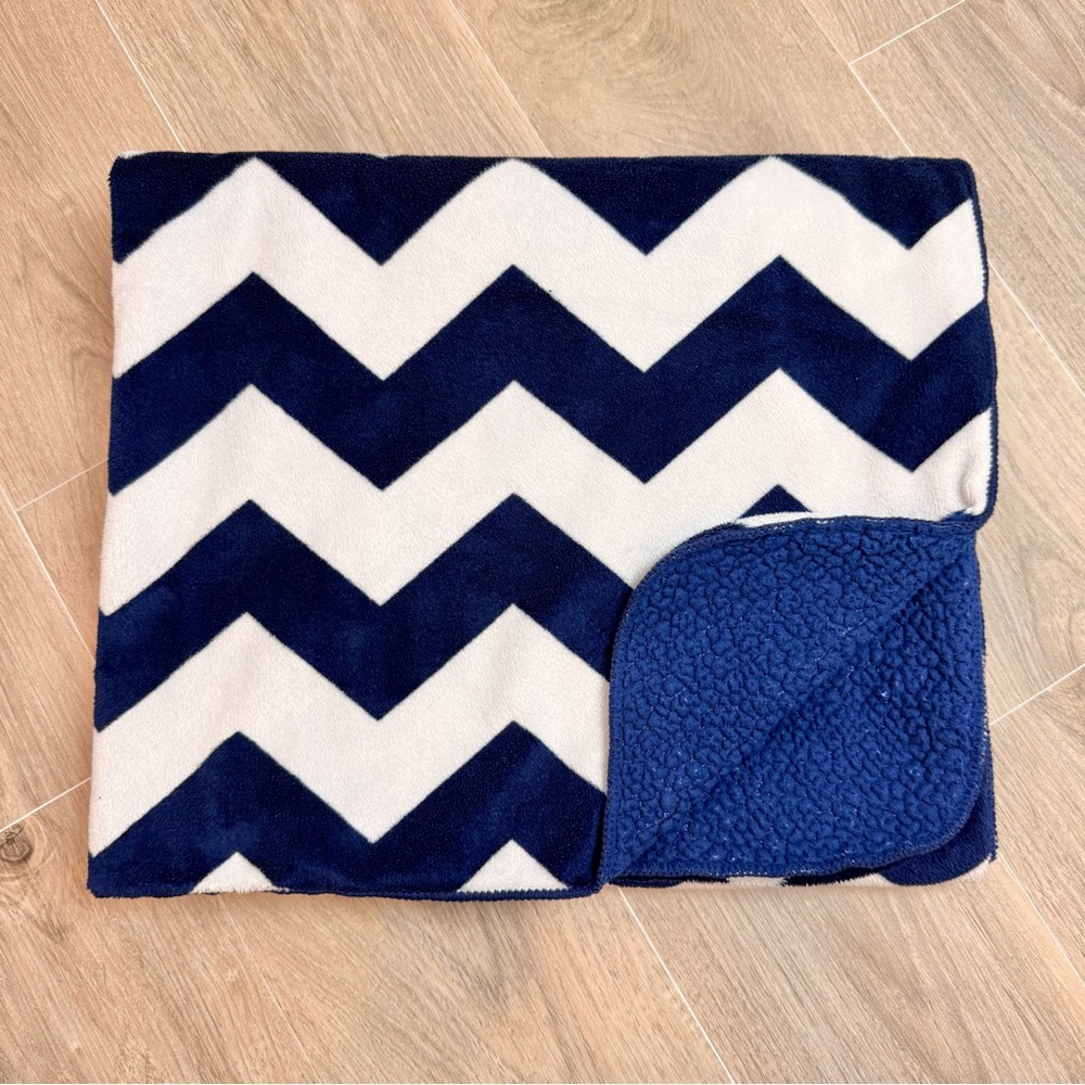 Navy Blue and White Chevron Baby Blanket with Solid Blue Sherpa Reverse
